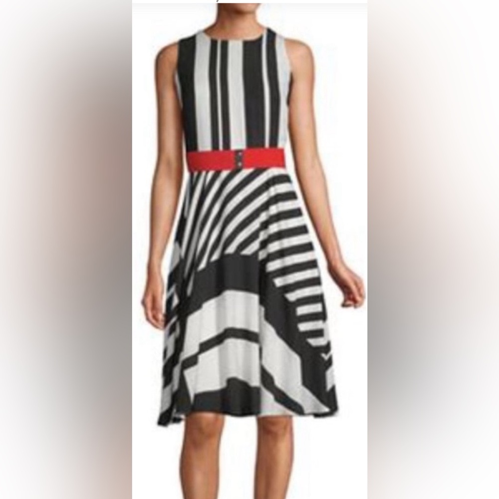 Danny & Nicole Black and White Striped Midi Dress with Red Belt